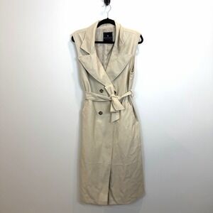 Bagatelle Collection Medium Belted Trench Vest Coat In Beige Faux Leather Pocket